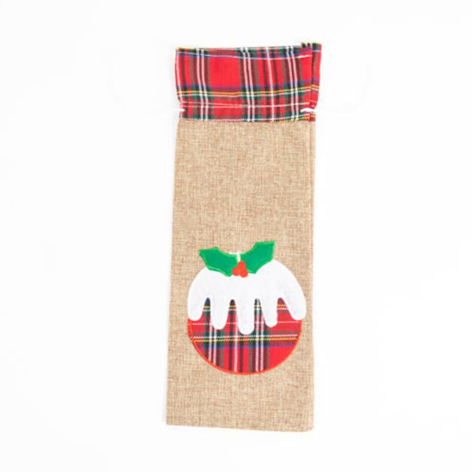 image 1 of Pudding & Tartan Natural Hessian Christmas Bottle Gift Bag 37cm