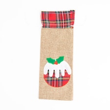 Pudding & Tartan Natural Hessian Christmas Bottle Gift Bag 37cm