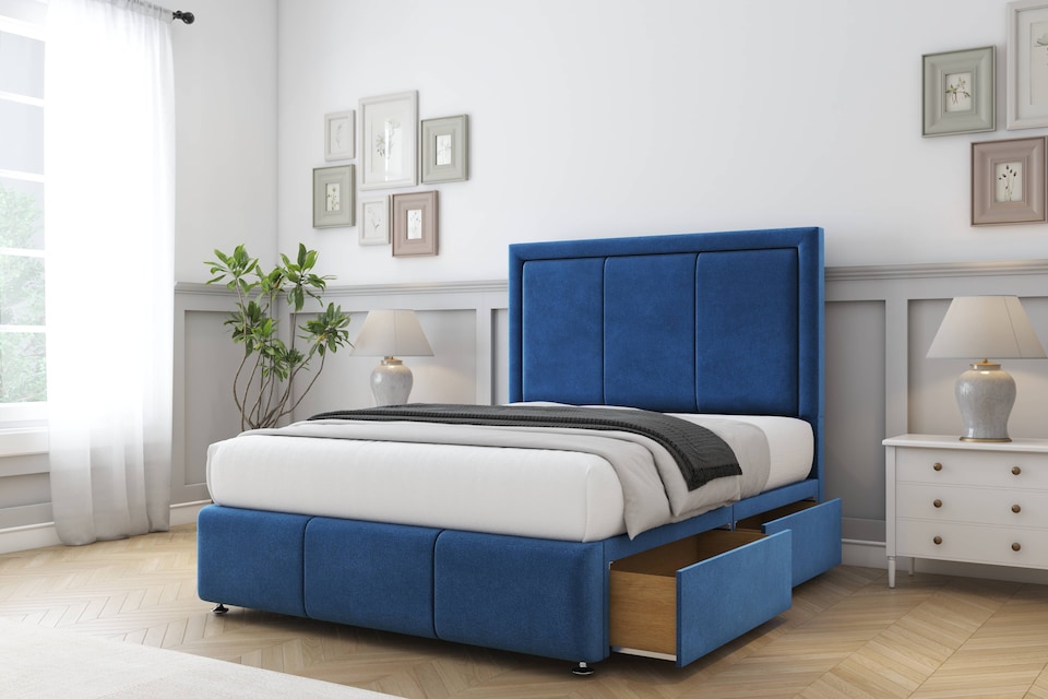 image 1 of Sloomy Lancaster Navy Plush Divan Bed With Mattress 2 Drawers Right Side With 54" Floor Standing Headboard & 12" Matching Footboard 6' Super King | Blue | Navy | Super King | 1