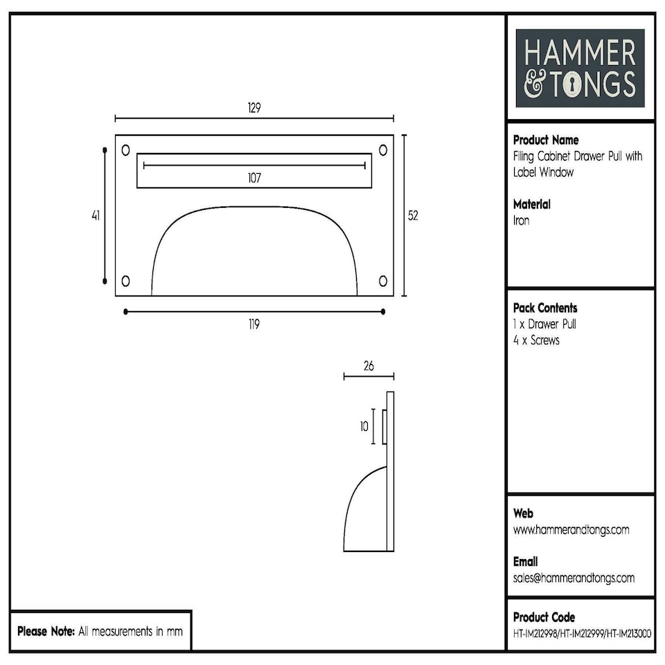 image 1 of Hammer & Tongs Filing Cabinet Drawer Pull with Card Frame - W130mm x H50mm - Black Black