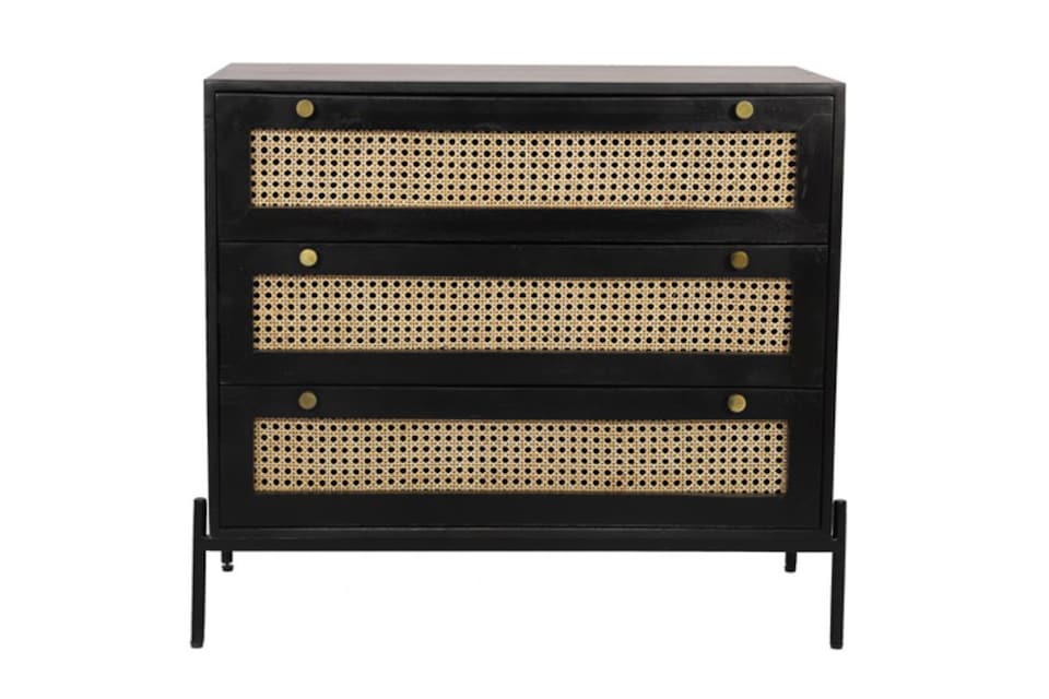 image 1 of Rattan Chest of Drawer - Mango Wood/Iron - L45 x W90 x H78 cm - Black Finish with Natural Rattan - Assembly Required