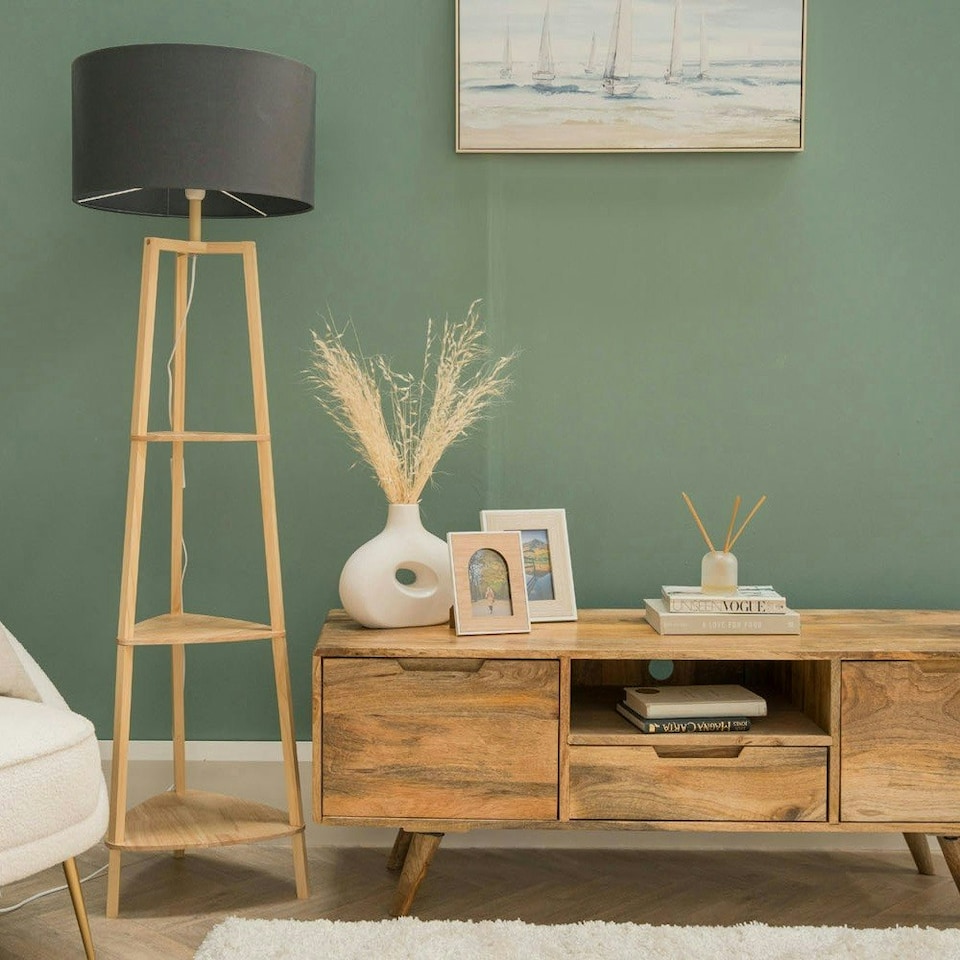 image 1 of ValueLights Hiru Wooden 3 Tier Shelf Floor Lamp Charcoal Shade & Bulb Grey