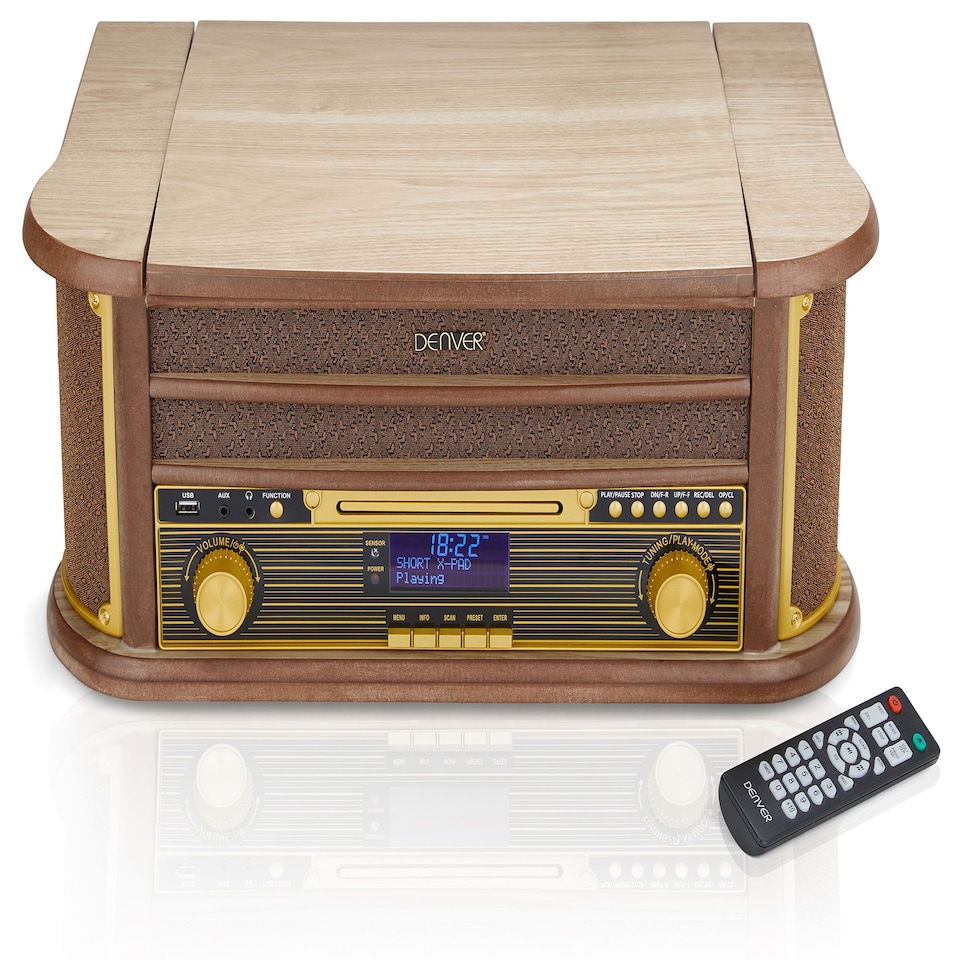 image 1 of Denver 9-in-1 Retro Vintage DAB Bluetooth Wooden Radio Record Player - MRD-51BT | Brown | Light Wood