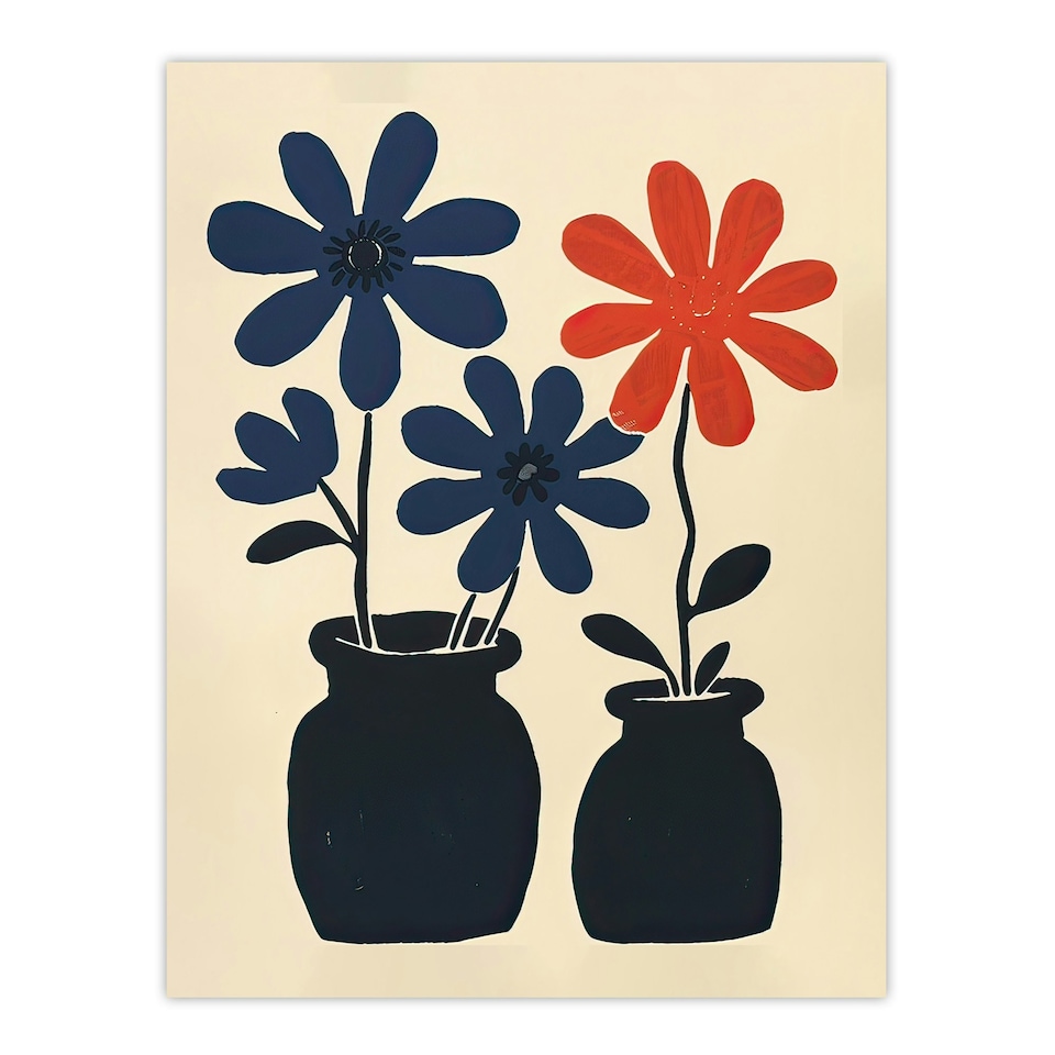 image 1 of Simple Red Daisy Flowers Pots Folk Art Mattise Black Framed Wall Art Print A4