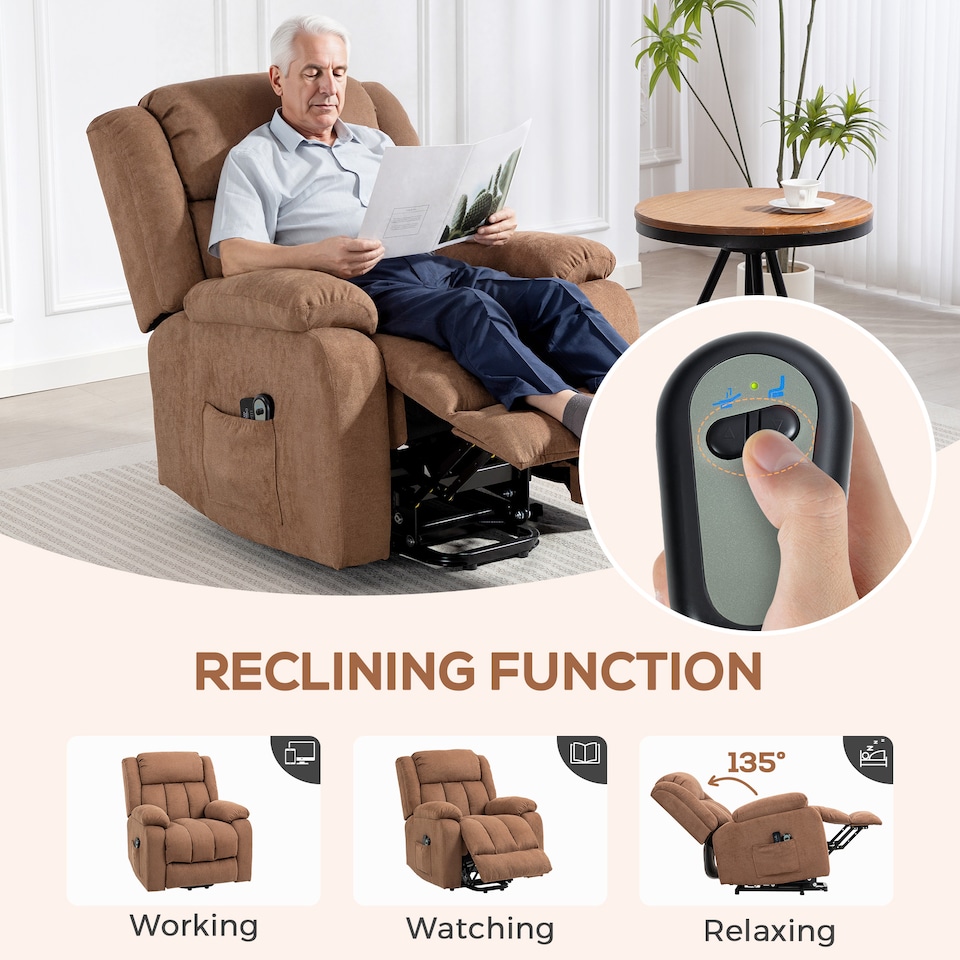 image 1 of HOMCOM Power Lift Recliner Chair with Massage, Linen Overstuffed Lift Chair for Elderly, Electric Recliner Armchair with Footrest, Remote Control and Side Pocket, for Living Room, Brown | Brown | Brown