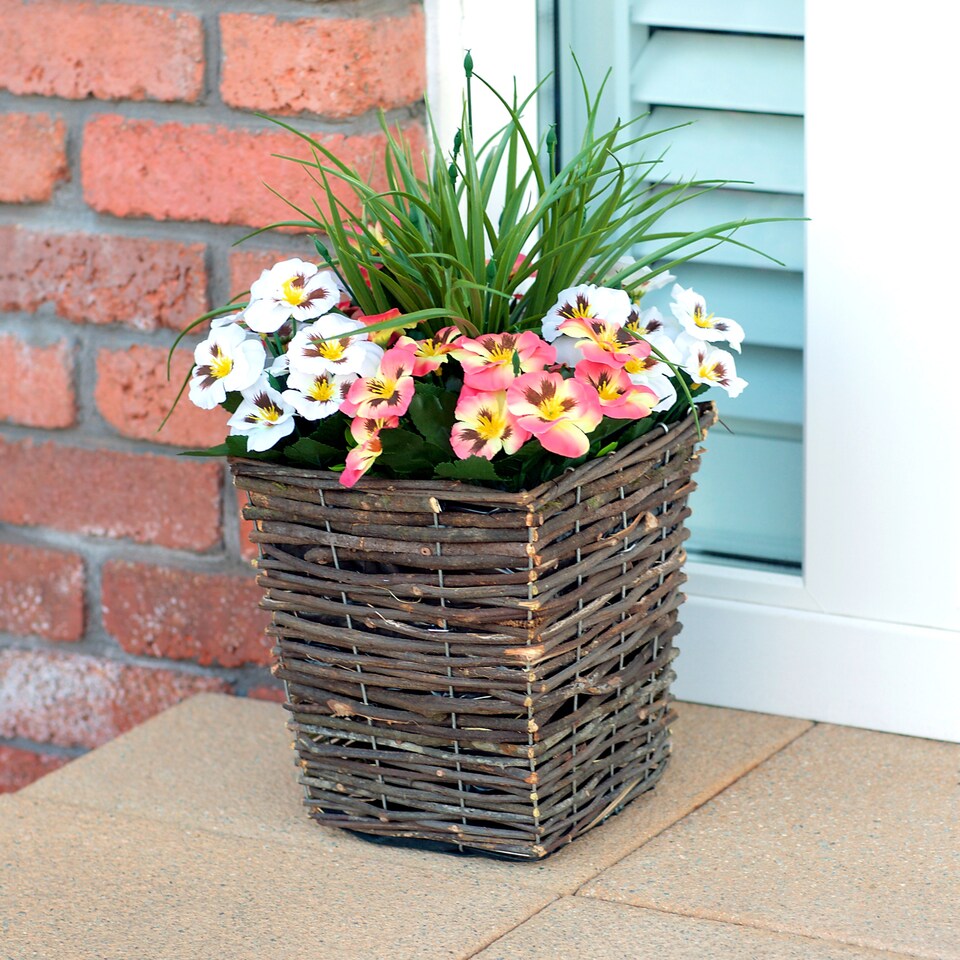 image 1 of Best Artificial Pre-Made 44cm Peach & White Pansy Flowers in Rattan Wicker Planter Pot - Suitable For Outside Use | Pink | Peach and White | 1