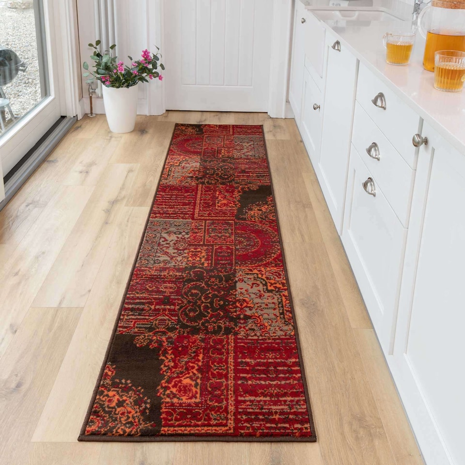 image 1 of KUKOON Red Brown Traditional Patchwork Living Area Rug 80cm x 320cm