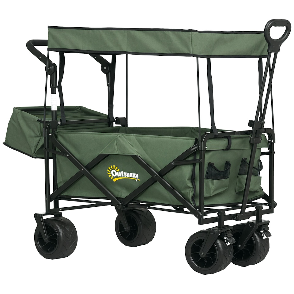 image 1 of Outsunny Outdoor Push Pull Wagon Stroller Cart w Canopy Top Green