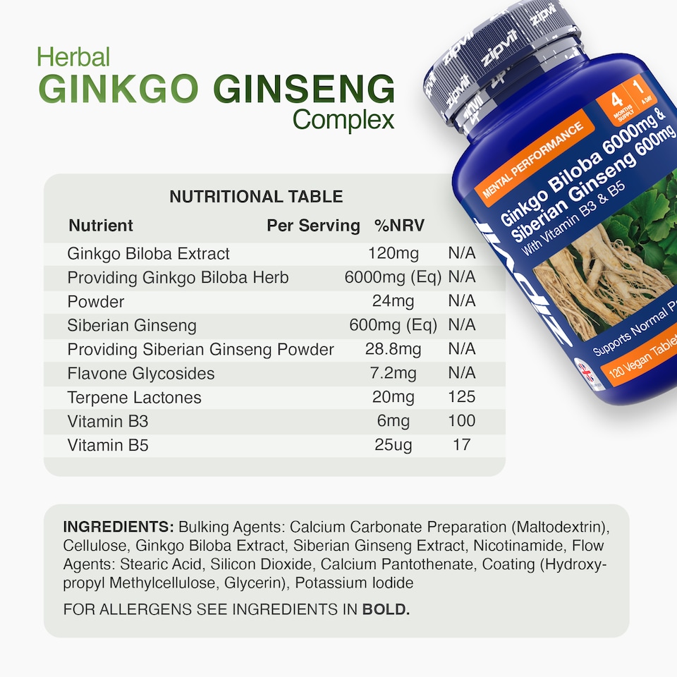 image 1 of Zipvit Ginkgo Biloba 6000mg & Siberian Ginseng 600mg with Vitamin B3 & B5, Energy & Mental Performance, 120 Vegan Tablets, 4-Month Supply