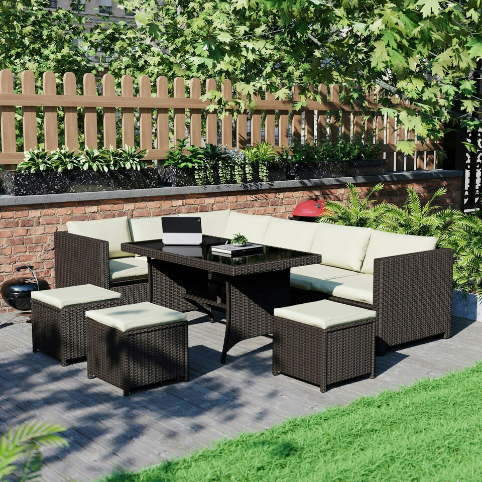 image 1 of Garden Vida Belgrave 9 Seater Rattan Set Sofa Stool Dining Table Ourdoor Garden Furniture, Brown