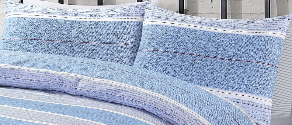 image 1 of Homes Linen Finn Stripe Duvet Cover Set with Pillowcases Reversible Striped Quilt Cover Soft Breathable Easy Care Bedding | Blue | Single
