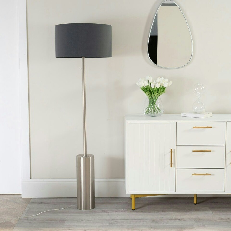 image 1 of ValueLights Lexy Charcoal Fabric Drum Shade with Brushed Chrome Dimmable Floor Lamp with LED Bulb Grey