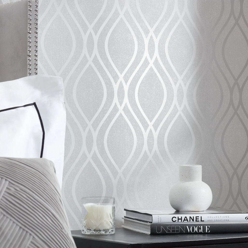 image 1 of Camden Wave Wallpaper in Soft Grey and Silver | Grey | Soft Grey And Silver | 53cm x 10m
