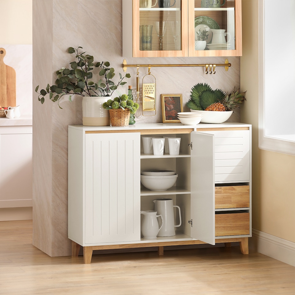 image 1 of SoBuy Low Sideboard with 2 Doors & 3 Drawers, White/Natural Wood, 47.2x15.7x35.4 inches, 27.1 kg - FSB75-WN
