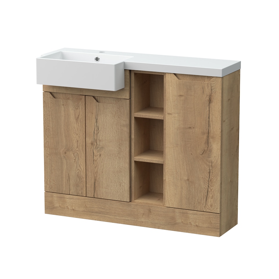 image 1 of Balterley Teddesley Floor Standing Compact 3 Door Combination Vanity Basin Unit with Open Shelves and Basin, 1000mm, Left Hand, Autumn Oak