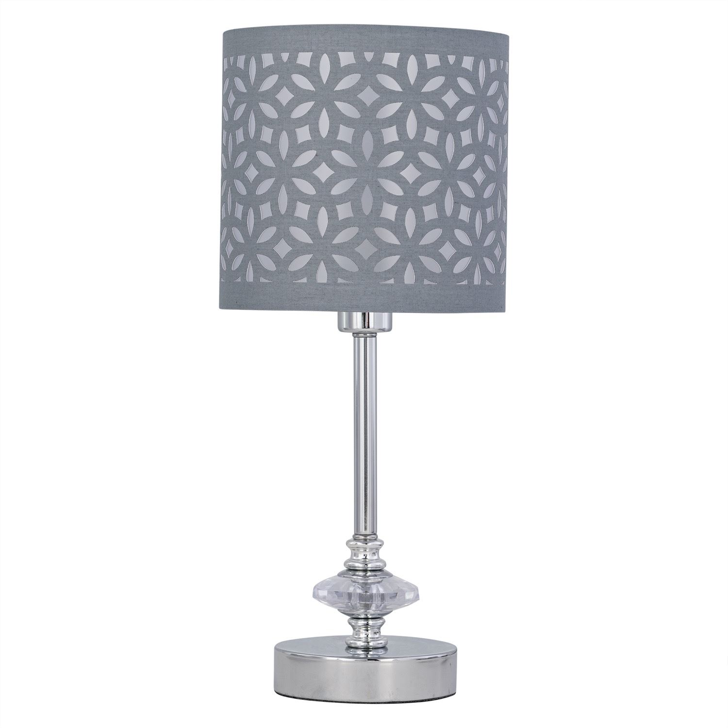 First Choice Lighting Chrome Jewelled Table Lamp with Grey Cut Out Shade in Silver