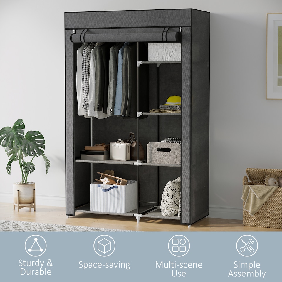 image 1 of HOMCOM Fabric Wardrobe, Portable Wardrobe with 6 Shelves, 1 Hanging Rail, Foldable Closets, 103 x 43 x 162.5 cm, Dark Grey | Grey | Dark Grey