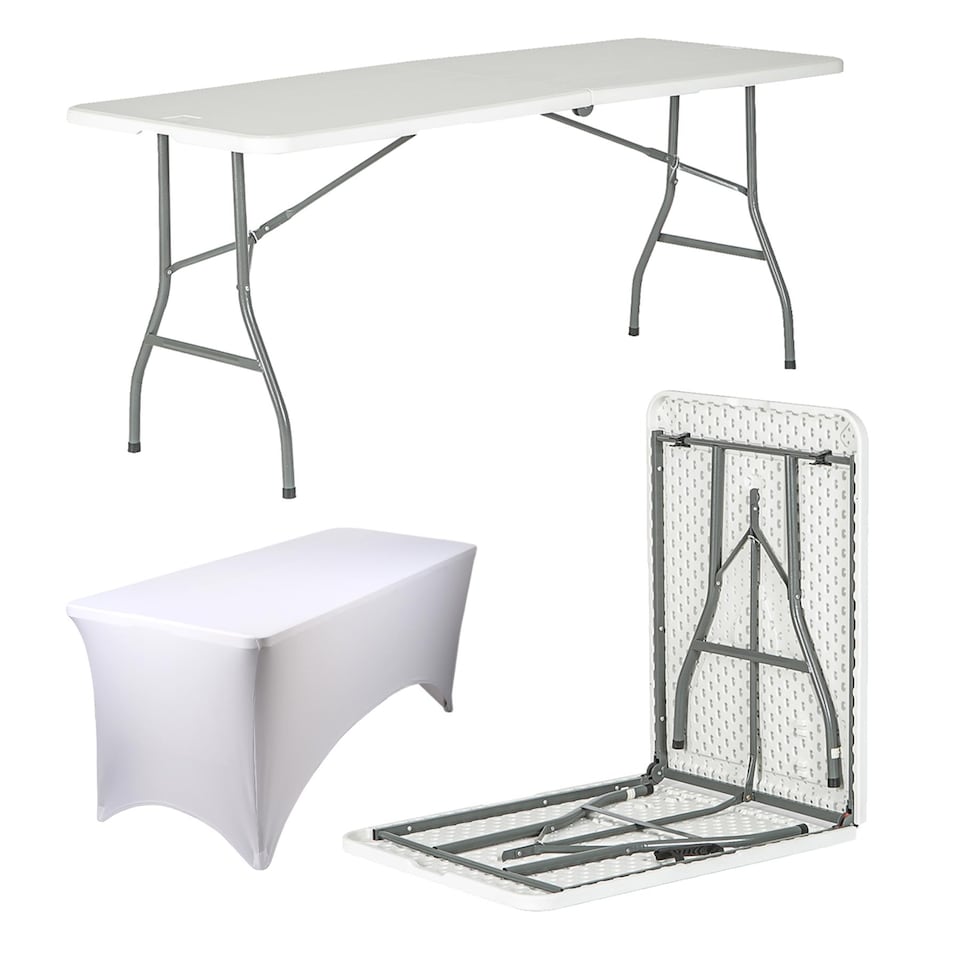 image 1 of Harbour Housewares Folding Picnic Table with Fitted Tablecloth - 180cm (6ft) - White/White | White | White/White