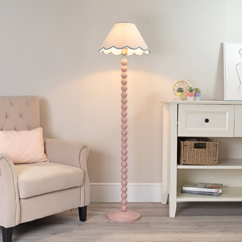 image 1 of ValueLights Bobbles Rose Pink Floor Lamp Blue Trim Scallop Shade & Bulb | Pink