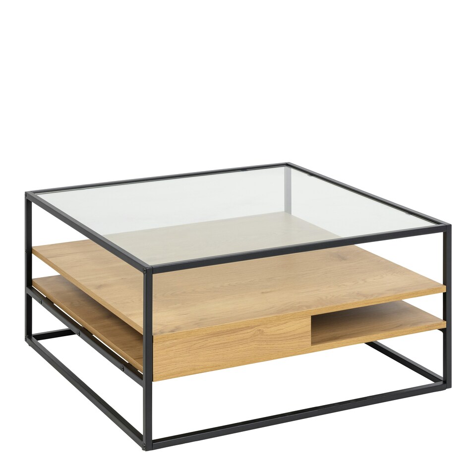 image 1 of Randolf Square Coffee Table with 2 Shelves in Black and Oak