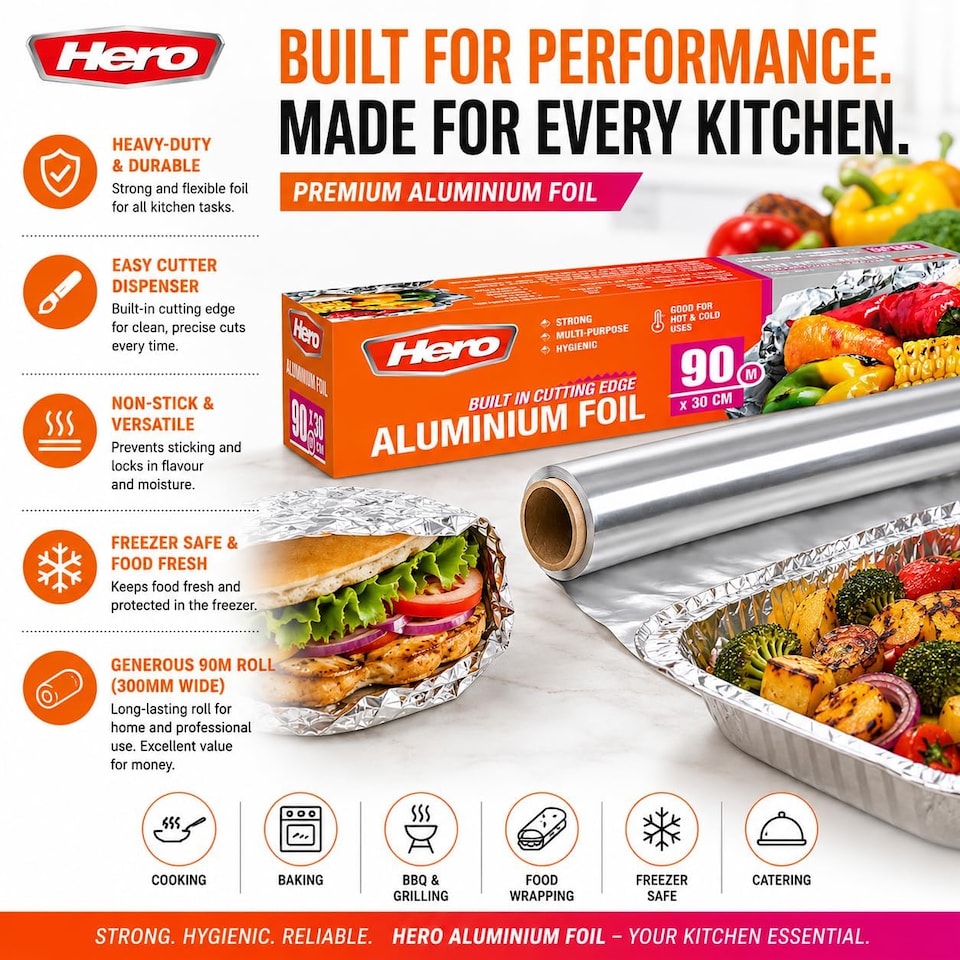 image 1 of Hero Strong Kitchen Foil Roll 90m x 300mm – Premium Aluminium Foil with Easy Cutter Dispenser | Non-Stick Foil for Cooking, Baking, BBQ & Food Wrapping