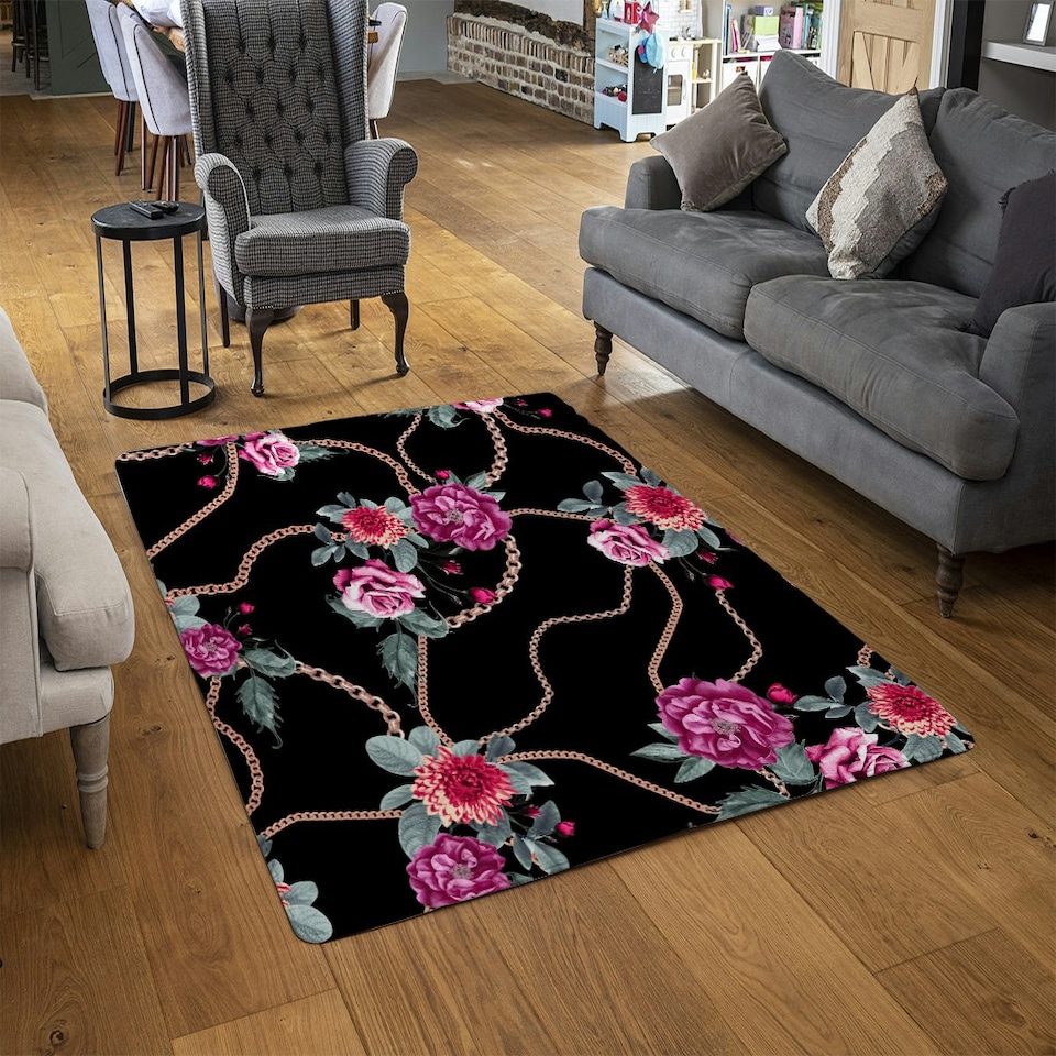image 1 of Chain and Flowers Pattern (Rug) Black | Medium: 80x150cm