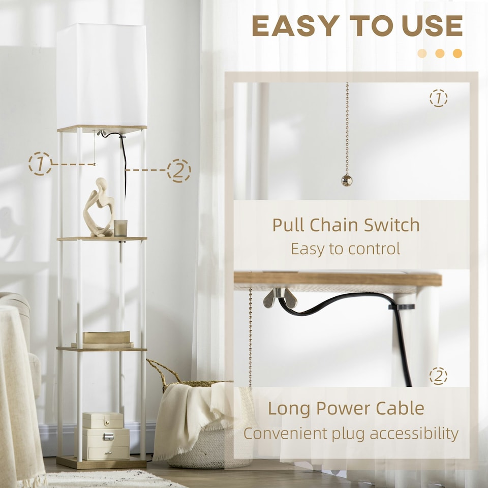 image 1 of HOMCOM Modern Floor Lamp with Shelves and Fabric Lampshade for Living Room
