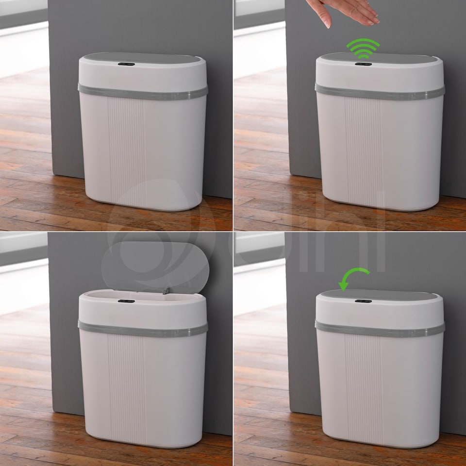 image 1 of Dihl 12 Litre Modern Slimline Automatic Motion Sensor Waste Bin, Compact Narrow, White, with Waterproof Lid, Specially Designed for Bathrooms and Kitchens