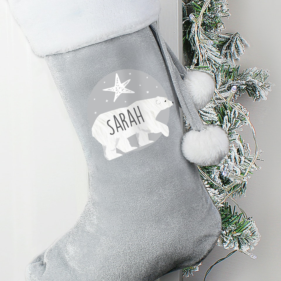 image 1 of Personalised Polar Bear Luxury Silver Grey Stocking
