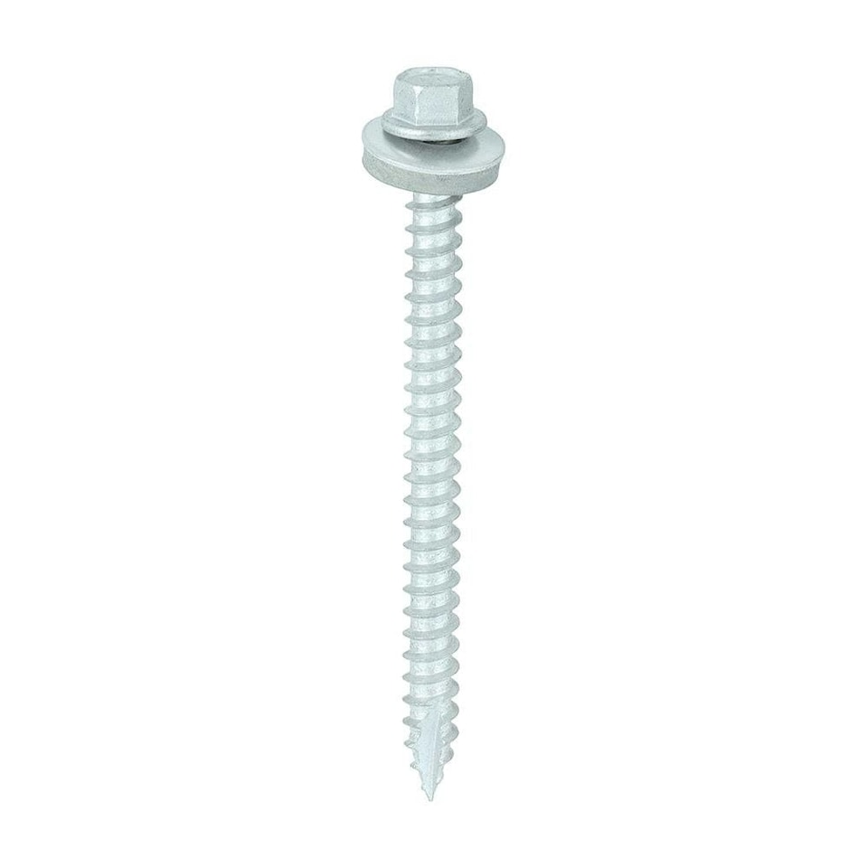 image 1 of Timco - Metal Construction Thin Sheet Metal to Timber Screws - Hex - EPDM Washer - Slash Point - Exterior - Silver Organic (Size 6.3 x 80 - 100 Pieces)