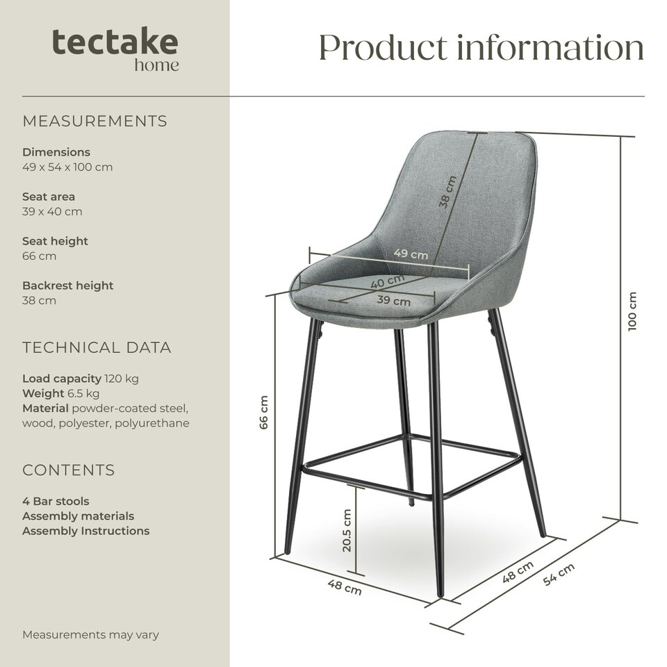 image 1 of Bar Stool Siera with backrest, padding and soft fabric - Set of 4 Grey | Woven Fabric Grey/Black