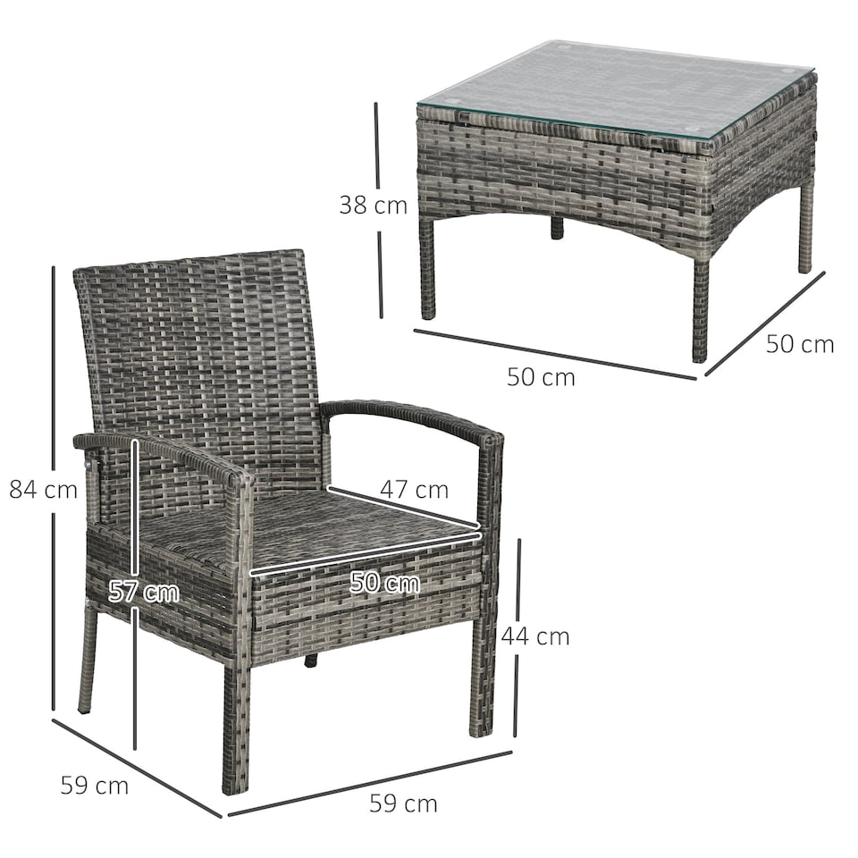 image 1 of Outsunny 3PC Garden Rattan Bistro Set with Glass Top Table, Mixed Grey