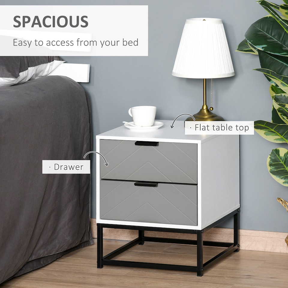 image 1 of HOMCOM Bedside Cabinet with 2 Drawer Storage Unit, Unique Shape Bedroom Table Nightstand with Metal Base, for Living Room, Study Room, Dorm