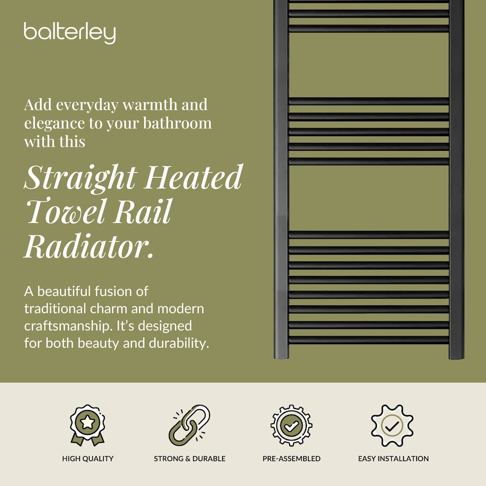image 1 of Straight Heated Towel Rail Radiator, 906W, 500 x 1600mm, Matt Black | Black | Matt Black