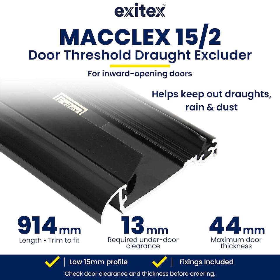 image 1 of Exitex Macclex 15/2 Aluminium Door Threshold Draught Excluder Cill for 44mm Doors, 914mm | Black