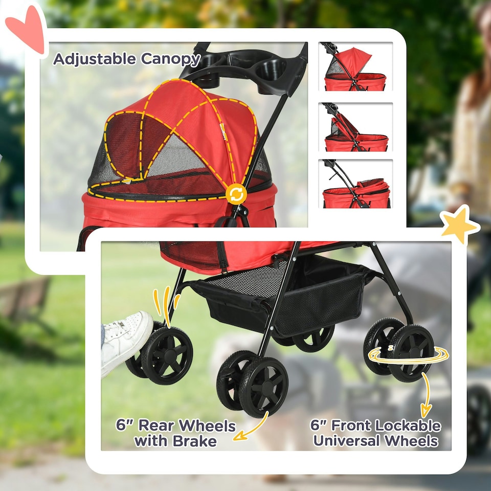 image 1 of PawHut Pet Stroller Foldable Travel Carriage w/ Brake Basket Canopy, Red