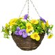 image 4 of Primrose Artificial Pansy Flowers Rattan Hanging Basket Yellow Purple White 25cm