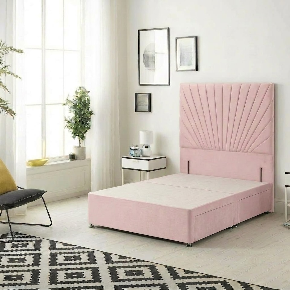 image 1 of Sunburst Divan Bed with 4 Drawers & 54'' Floor Standing Headboard Plush Velvet | Pink | Pink