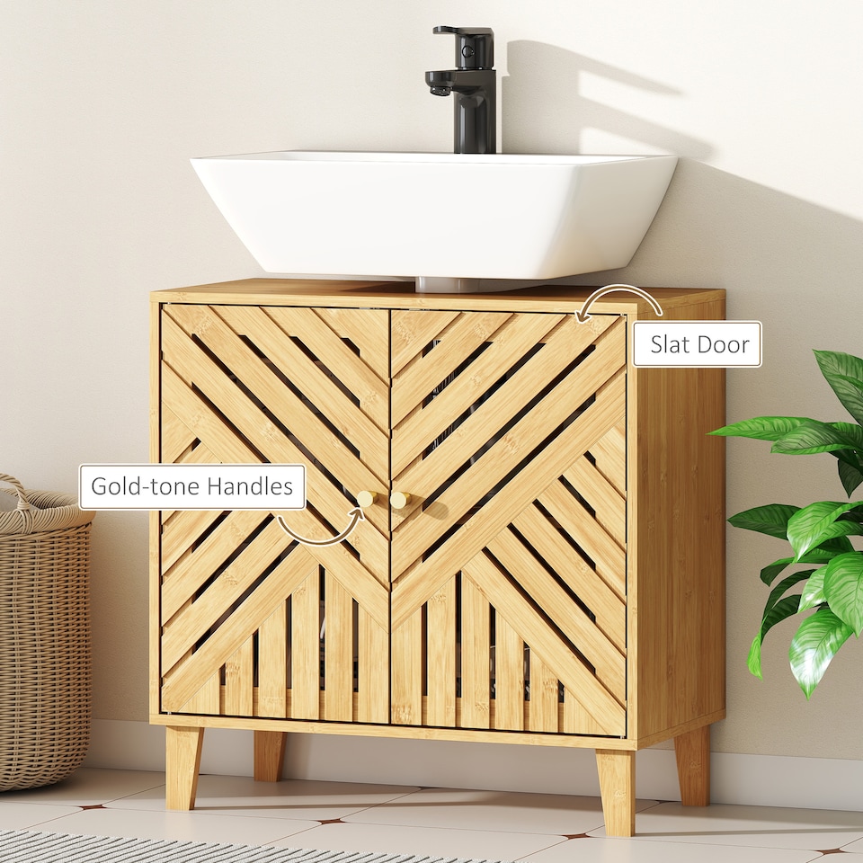 image 1 of HOMCOM Under Sink Bathroom Cabinet, Bamboo Freestanding Under Sink Cabinet with Adjustable Shelf and Slat Doors for Basin without Pedestal, Natural
