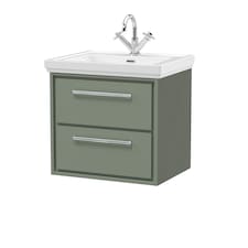 Balterley Modern Bathroom Wall Hung 2-Drawer Vanity Unit with Fireclay Basin - "Vanity Basin Units", 1 Tap Hole | Green | Reed Green