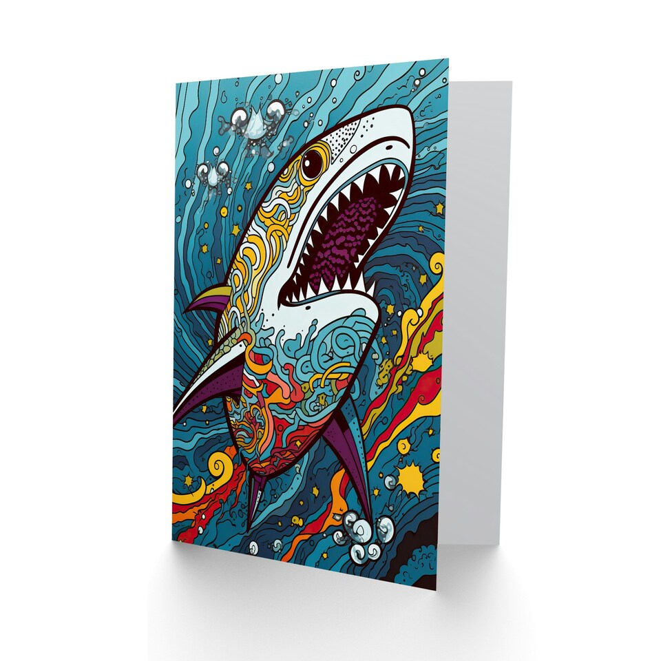 image 1 of Fun Colourful Psychedelic Pattern Pop Shark Birthday Card