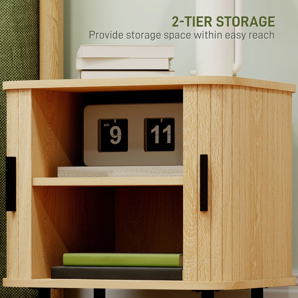 image 1 of HOMCOM Nightstand with Sliding Doors and Metal Legs for Bedroom Oak Tone