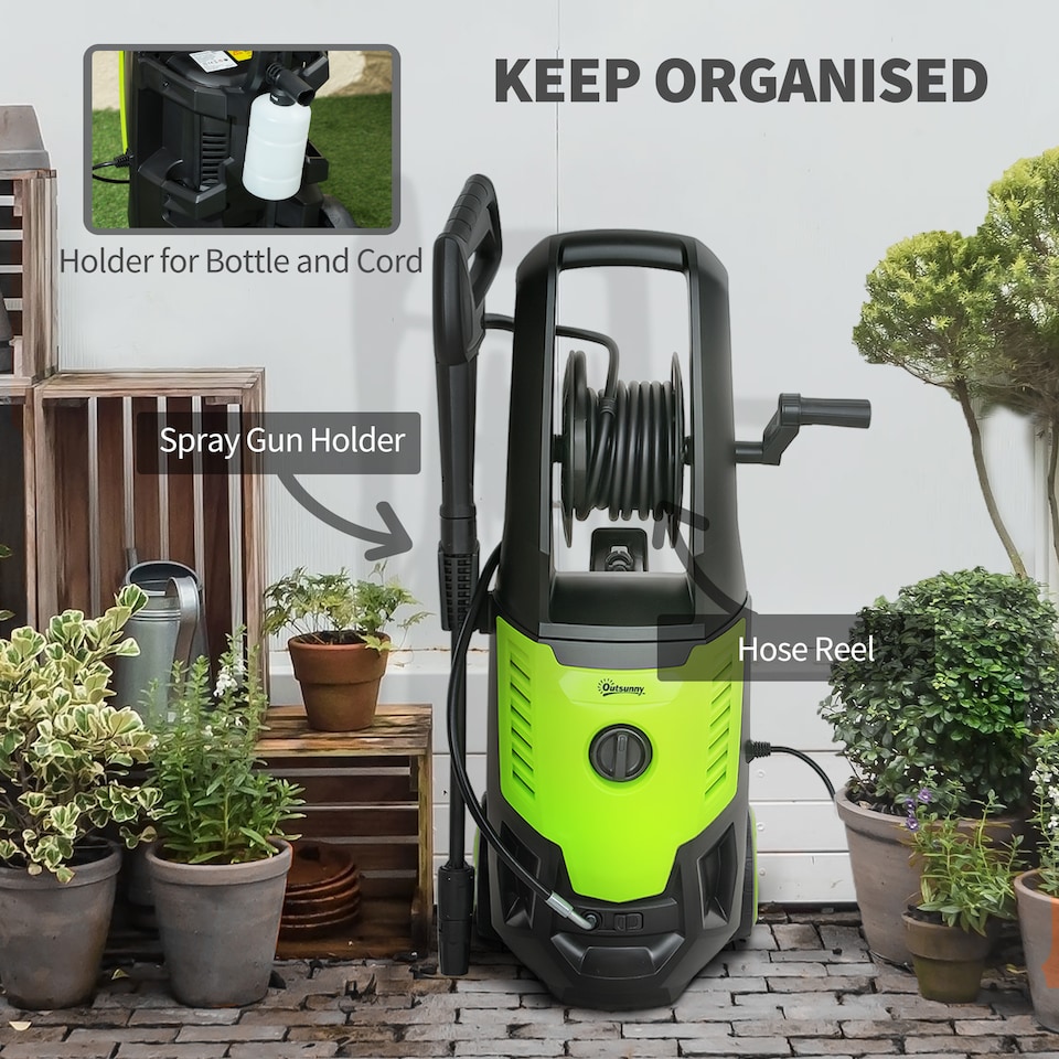 image 1 of Outsunny 2200W High Pressure Washer 170 Bar Pressure 420 Lh Flow Portable Electric Power Washer Jet Wash Cleaner with Adjustable Nozzle 6M Hose and Hose Reel for Home Patio Car Driveway