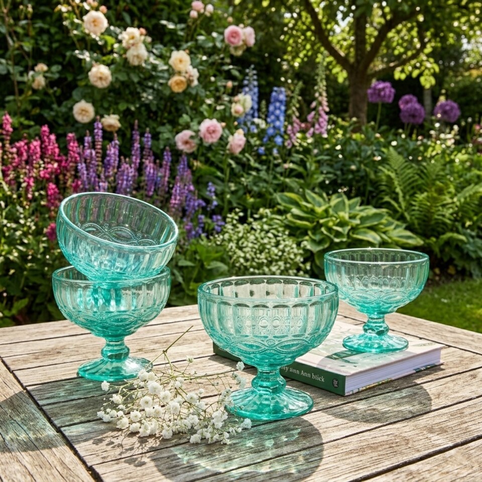 image 1 of Set of 6 Vintage Turquoise Blue Glass Trifle Bowl and Dessert Bowls Wedding Decorations Ideas 300ml | Blue | Turquoise Blue | Medium | 6