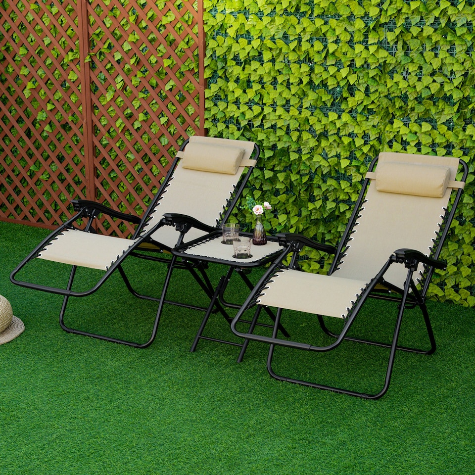 image 1 of Outsunny 3PC Zero Gravity Chairs Sun Lounger Table Set Beige