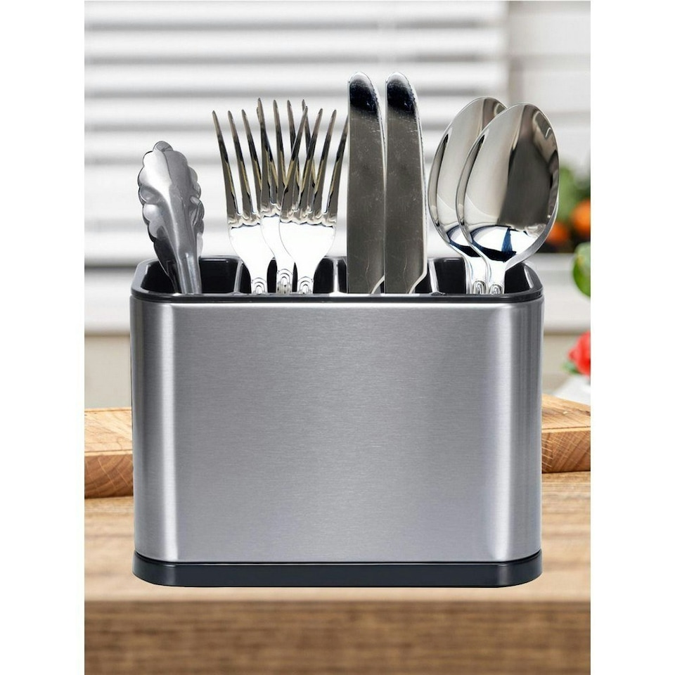 image 1 of Stainless Steel Kitchen Utensils Caddy - Silver/Black - 18cm x 13cm x 8.5cm