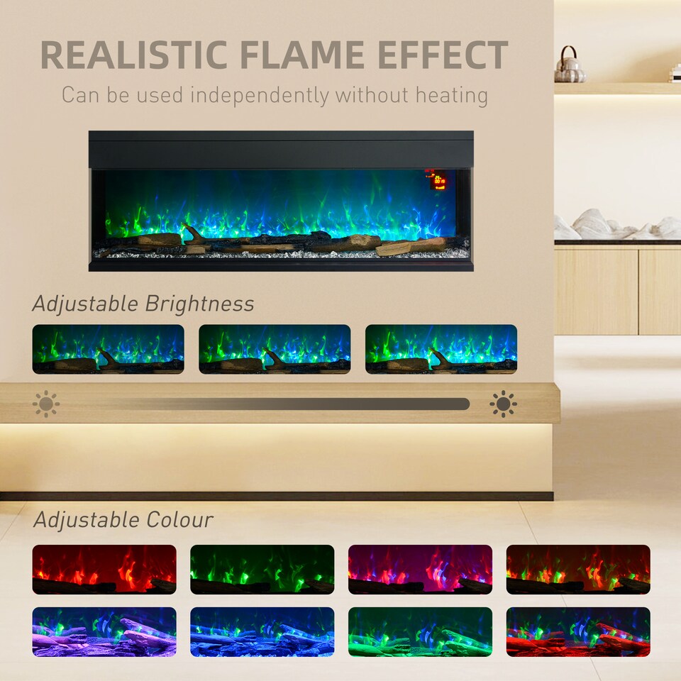 image 1 of HOMCOM 60152cm 3-Sided Electric Fireplace Wall Mounted, Recessed, Insert, Freestanding, Glass Electric Fire with 7 Adjustable LED Flame Effect, Log, Crystal, Remote Control, 1800W, Black
