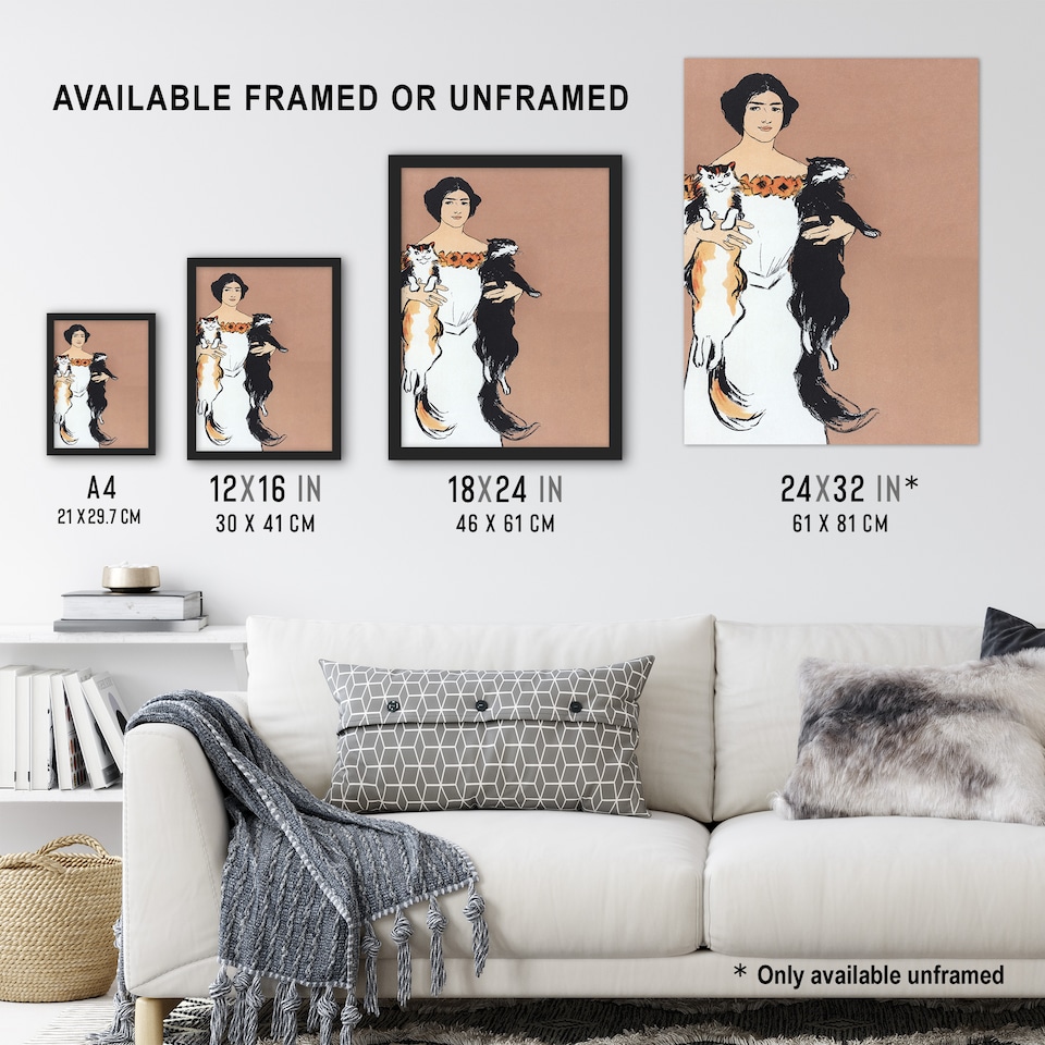 image 1 of Woman Holding Two Cats Drawing Vintage Wall Art Print Penfield 18x24"