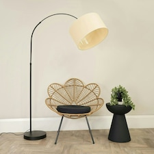 ValueLights Louis Black Arched Curved Floor Lamp with Ochre Woven Drum Lamp Shade Cream
