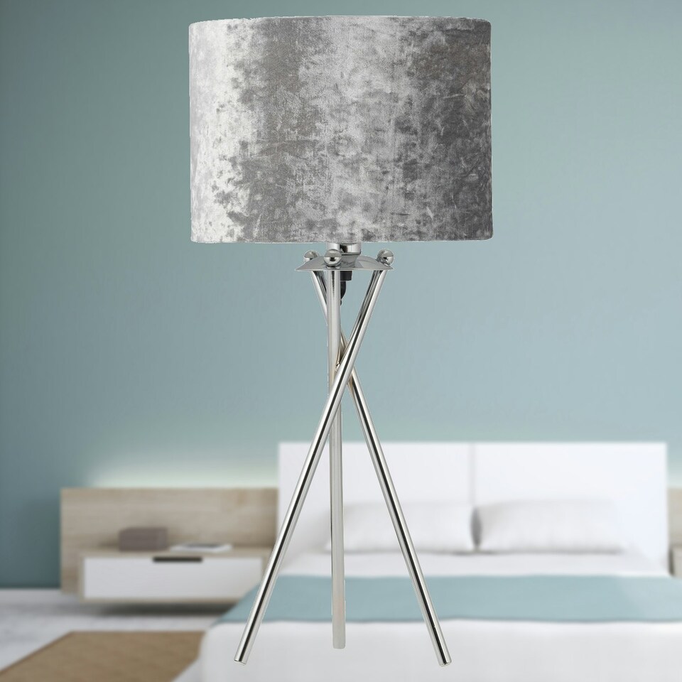 image 1 of First Choice Lighting Chrome Tripod Table Lamp with Grey Crushed Velvet Shade Chrome | Grey